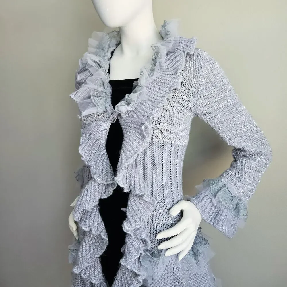 Y2K Whimsy Ruffle Lace Tulle Long Cardigan Witchy Fairy Boho Penny Lane Size S - Picture 5 of 12